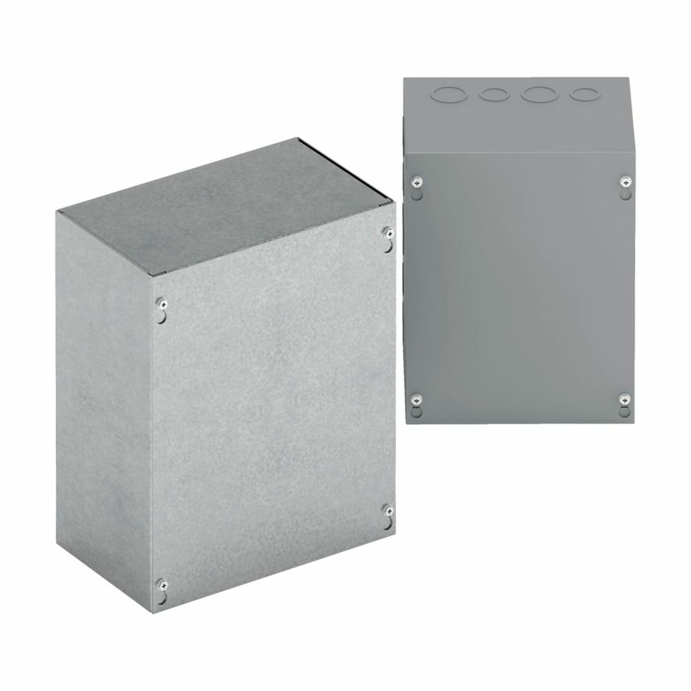 Type 1 junction boxes, 18" height, 4" length, 12" width, NEMA 1, Screw cover, SC enclosure, Surface mounted, Medium single door, 9 side knockouts,5 top-bottom knockouts, Thru holes, Carbon steel