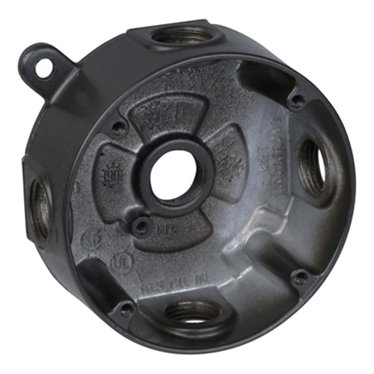 Round Outlet Box, 17 Cubic Inches, 4-1/8 Inch Diameter, Hub Size 3/4 Inch, Bronze, Aluminum, with 5 Outlets, Four on the Sides and One in Back, Mounting Lugs, and 4 Closure Plugs