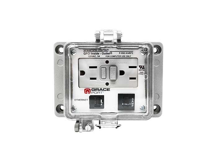PANEL INTERFACE CONNECTOR WITH CATEGORY 6 ETHERNET BULKHEAD, PANEL MOUNT HOUSING, UL TYPE 12, GFCI DULEX INSIDE-OUTSIDE, 3 AMP CIRCUIT BREAKER