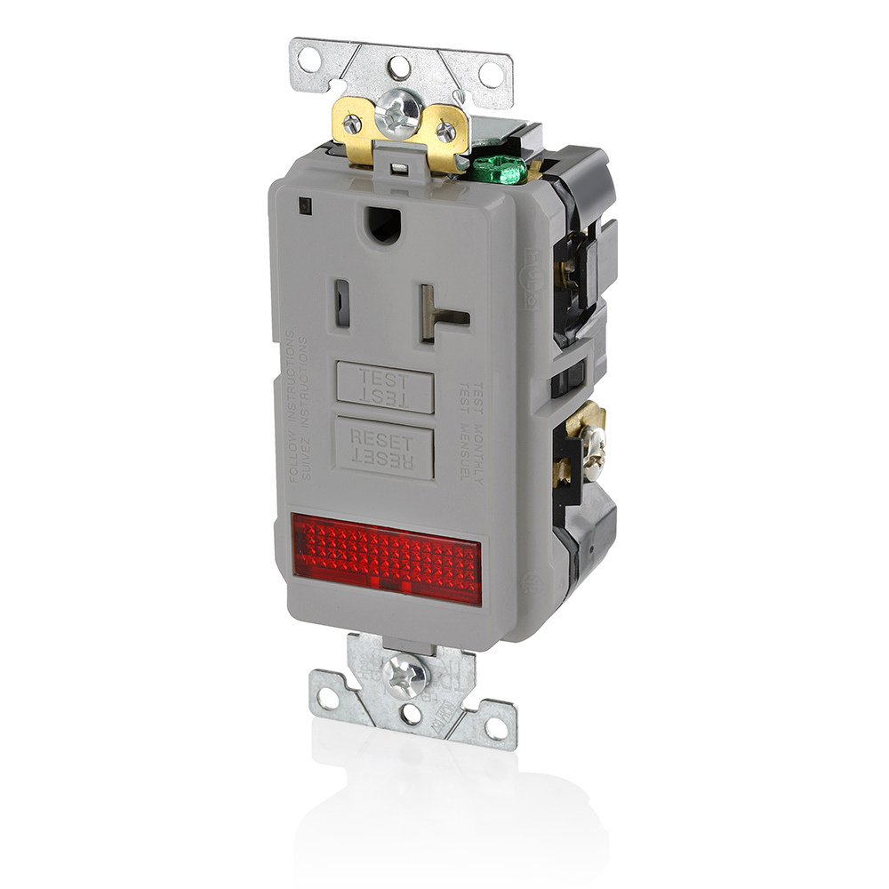 20 Amp, 125 Volt, SmartlockPro Single Self-Test GFCI Receptacle with LED Pilot Light, NEMA 5-20R, 2P, 3W, Extra-Heavy Duty Industrial Grade, Tamper-Resistant, 20A Feed-Through, Back or Side Wired - GRAY