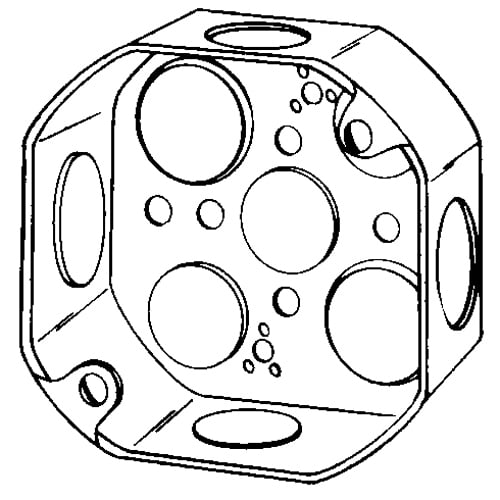 4" Octagon Boxes, Conduit Knockouts: Sides: (2) 1/2" and (2) 3/4", Bottom: (3) 1/2" and (2) 3/4" , Material:Steel, Size:4 X 4 X 1.5IN, Cubic Capacity:15.5CI, UL Standard: 514A, UL Listed: E2527
