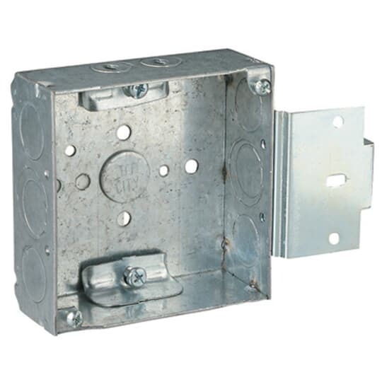 Square Box, 21 Cubic Inches, 4 Inch Square x 1-1/2 Inch Deep, 1/2 Inch and 3/4 Inch Eccentric Knockouts, Pre-Galvanized Steel, MS Bracket and Non-Metallic Cable Clamp (C-5), For Use with Non-Metallic Cable