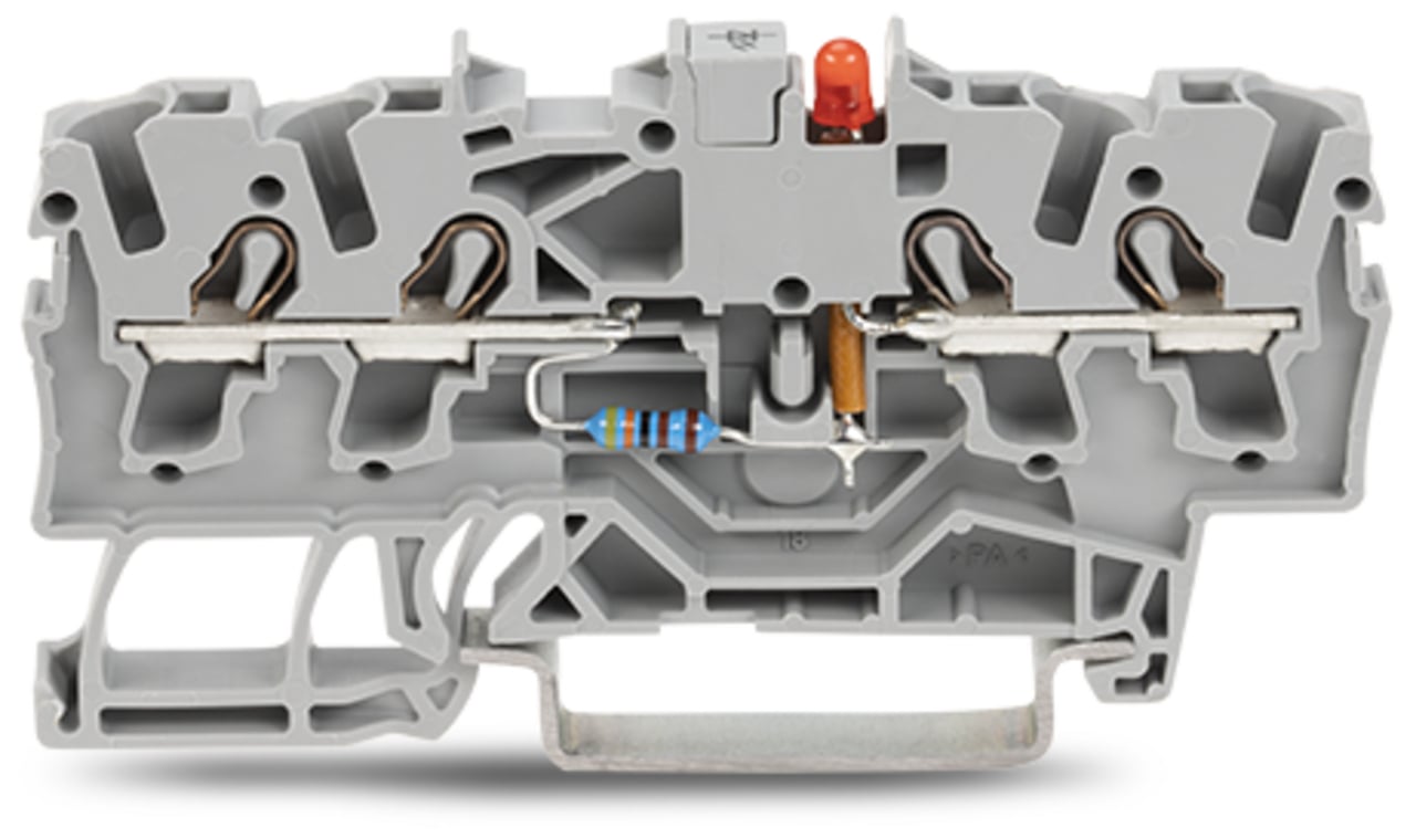 Component terminal block; 4-conductor; LED (red); 24 VDC; for DIN-rail 35 x 15 and 35 x 7.5; 2.5 mm; Push-in CAGE CLAMP; 2,50 mm; gray