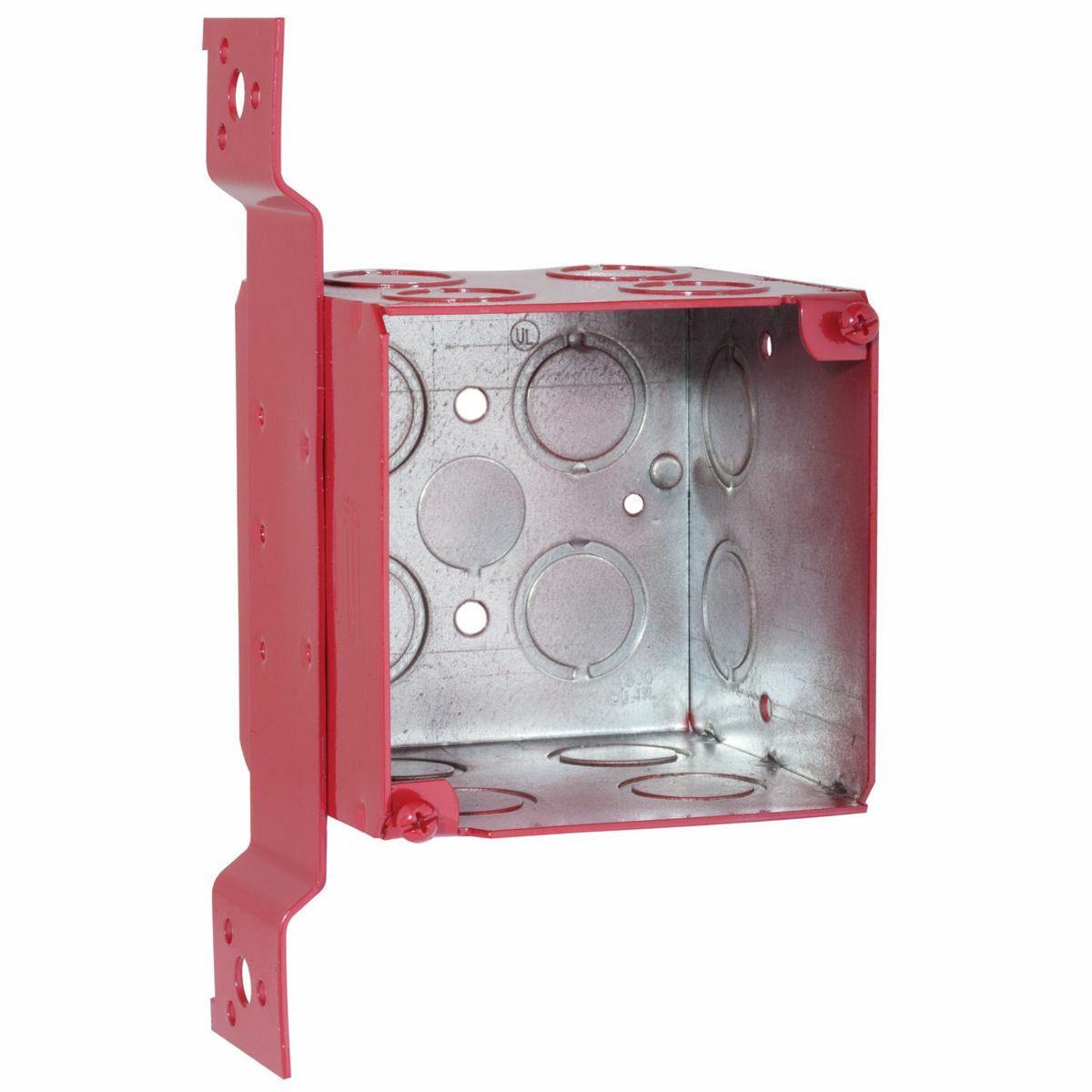 Life Safety Steel Wall Boxes and Extension Rings - Painted Red, 3-3/4In.Square Large Capacity FM Bracketed Boxes, 3-1/2 In. Deep - WeldedwithConduit KO's