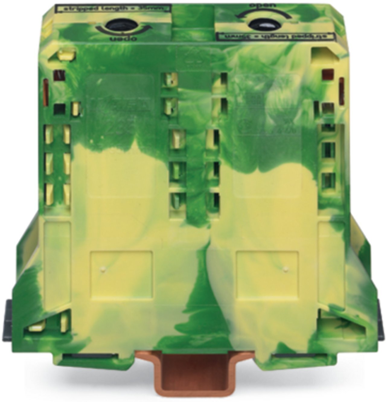 2-conductor ground terminal block; 95 mm; suitable for Ex e II applications; lateral marker slots; only for DIN 35 x 15 rail; 2.3 mm thick; copper; POWER CAGE CLAMP; 95,00 mm; green-yellow