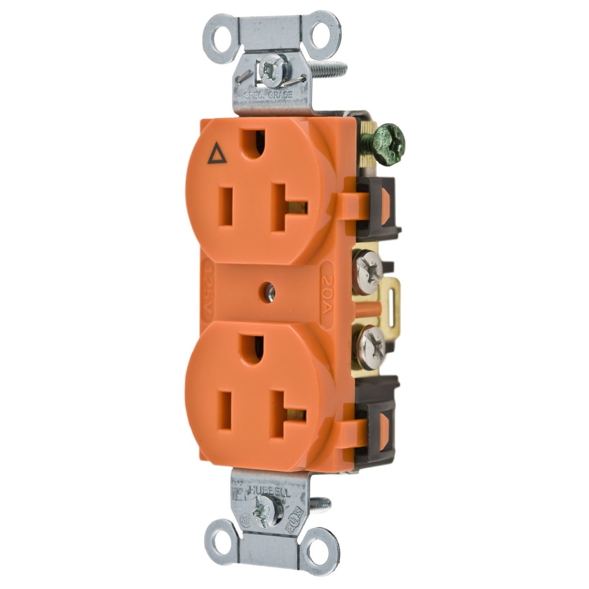 Straight Blade Devices, Receptacles, Duplex, Commercial Grade, Corrosion Resistant, 20A 125V, 2-Pole 3-Wire Grounding, 5-20R, Side Wired, Orange.
