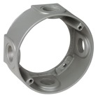 Round Extension Ring, 4-1/8 Inch Diameter, 1-5/8 Inch Deep, Hub Size 1/2 Inch, Gray, Aluminum, 4 Outlets, with 4 Closure Plugs, Gaskets, and Screws