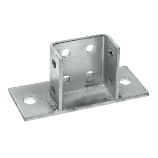 Connector, Flush Post Base, Post Height 3-1/2 Inch, Post Width 3-3/4 Inch, Post Length 1-5/8 Inch, Base Length 8 Inches, Base Width 3-1/8 Inches, Hole Diameter 3/4 Inch, Electro-Galvanized Steel