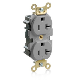 20 Amp, 125 Volt, Wide Body Duplex Receptacle, Industrial Grade, Straight Blade, Self Grounding, Gray