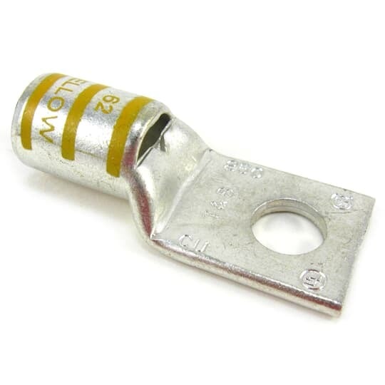 Copper One-Hole Lug, Standard Barrel, Peep Hole, Max 35kV, Wire Size 4/0 Weld, 3/8 Inch Bolt Size, Tin Plated, Die Code 62, Die Color Code Yellow