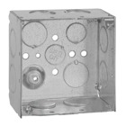 Square Box, 30.3 Cubic Inches, 4 Inch Square x 2-1/8 Inches Deep, 3/4 Inch Knockouts, Pre-Galvanized Steel, Welded Construction, For use with Conduit