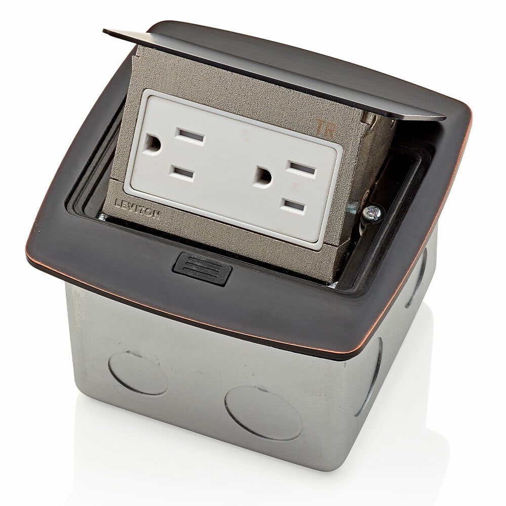Pop-Up Floor Box with 15 Amp, 125 Volt, NEMA, 5-15R, Pole, 2, 3-Wire, Tamper-Resistant, Decora, Duplex Receptacle Outlet that is pre-wired to terminal block - Bronze