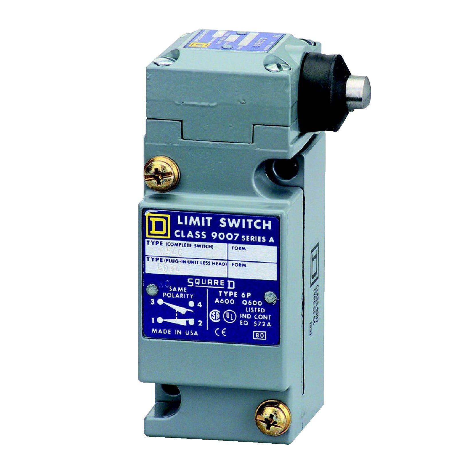 Limit switch, 9007, 9007C 1 NO/NC, side push rod plunger