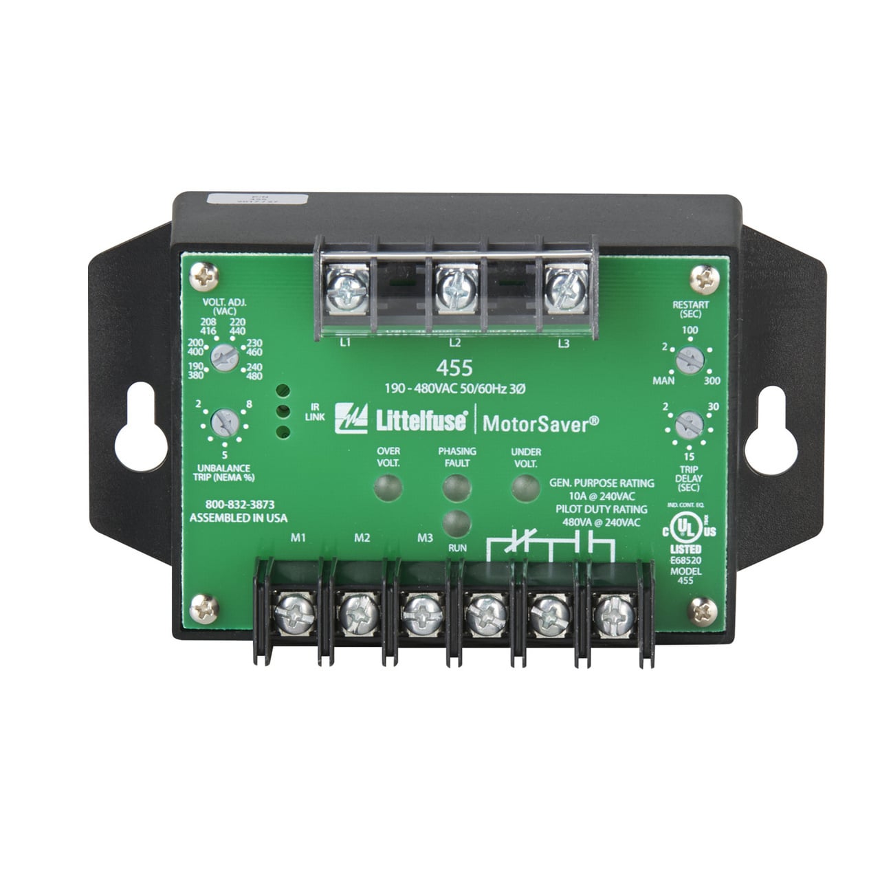 The 455 Series are 3-phase voltage monitors that combine load and line side monitoring to offer complete protection. Monitoring the load side will alert the user of contactor failure or impending contactor failure. Line side monitoring will also protect the motor from damaging fault conditions that may be present prior to the motor starting. With other line/load side monitors, the motor must be started before a voltage fault is detected. With the 455, your motor is fully protected at all times. The 455 Series are 3-phase, dual range voltage monitors that protect 190-480VAC, 50*/60Hz motors, regardless of their size. It automatically selects between the 200V and 400V range when the user selects the nominal voltage setpoint. Other adjustments include a 2-30 second trip delay, a 2-300 second restart delay (and manual restart) and a voltage unbalance trip point of 2-8%. The voltage monitors circuitry is powered through the line side connections, so there is no need for separate control power, making it easy to install. Equipped with an infrared LED, the 455 Sereies can communicate to the optional hand-held diagnostic tool, Informer-MS to obtain valuable information such as real-time voltage, voltage unbalance on both line and load sides, motor run hours, last 20 faults, last 32 motor starts, high and low voltage trip points, voltage unbalance trip point, restart and trip delay settings, LED status and more.
