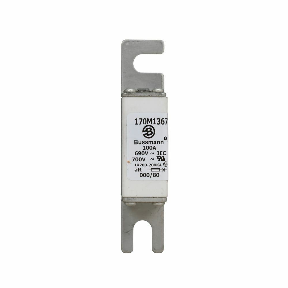 Eaton Bussmann series high speed square body fuse, 700V (UL), 690V (IEC), 100A, 200 kAIC, Top fuse status indicator, Fuse, Blade end X blade end, Class aR, DIN 43 620 - 170M1367