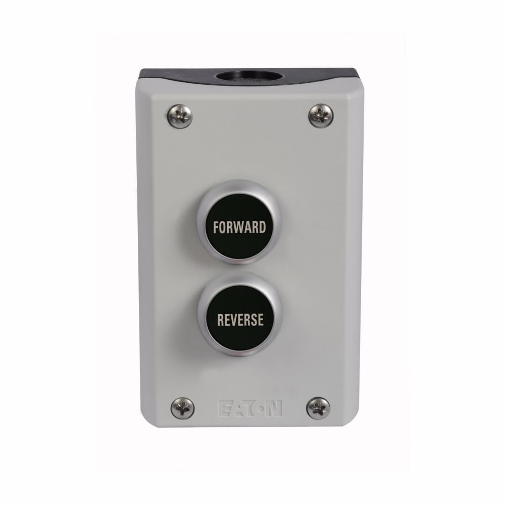 M22 Two Element Control Station, 22.5 mm, Top: flush, Bottom: flush, Momentary, Non-illuminated, Button: Black, Black, Inscription: FORWARD, REVERSE/ GB15, GB16, NO, NO, IP66, UL (NEMA) Type 4X, 13, Vertical, Base: Black, Enclosure: Gray