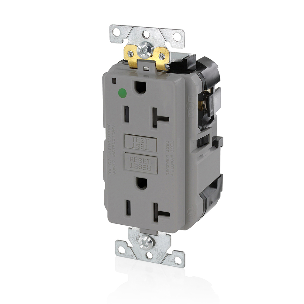 20 Amp, 125 Volt, SmartlockPro Slim Lev-Lok  Self-Test GFCI Receptacle, Extra-Heavy Duty Hospital Grade, 20A Feed-Through,NEMA 5-20R, 2P, 3W, Modular Terminals  GRAY