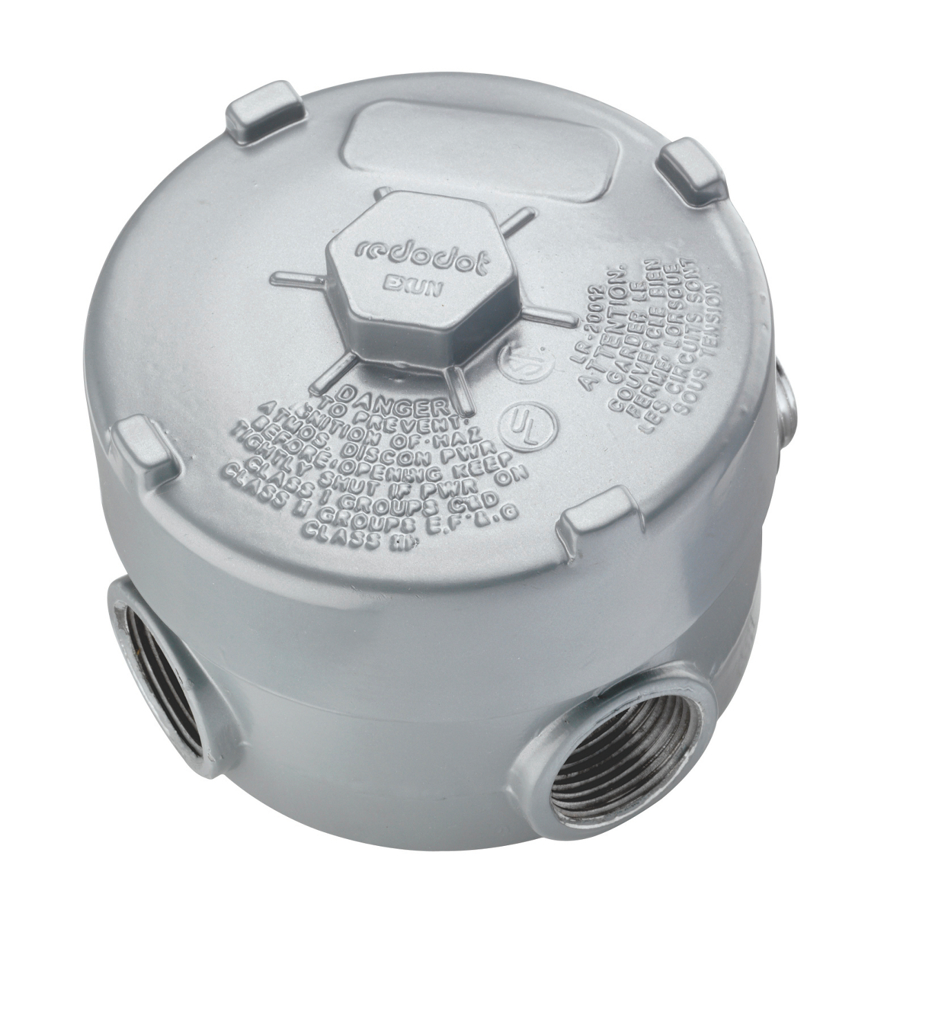 3/4 Inch Hazardous Location Internal Hub with Installed Green Ground Screw, Die Cast Aluminum, 4 Outlets with 2 Close Up Plugs, 20.3 Cubic Inch