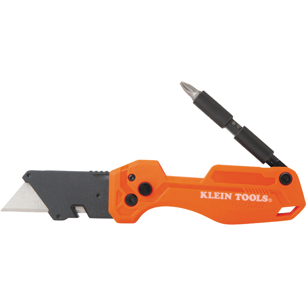 Klein Tools' Folding Utility Knife with Driver is engineered to deliver ultimate versatility. Its folding design allows the blade to store closed so the knife is compact for storage and easy carry, while the intuitive side button release allows the knife to easily flick open and lock in both 135-Degree and 180-Degree configurations. The knife is also equipped with a fold out driver that locks in place at 180-Degree via liner lock and includes a removable impact rated 1/4-Inch nut driver and #2 Phillips bit. A tether hole is also included on the back end of the knife.