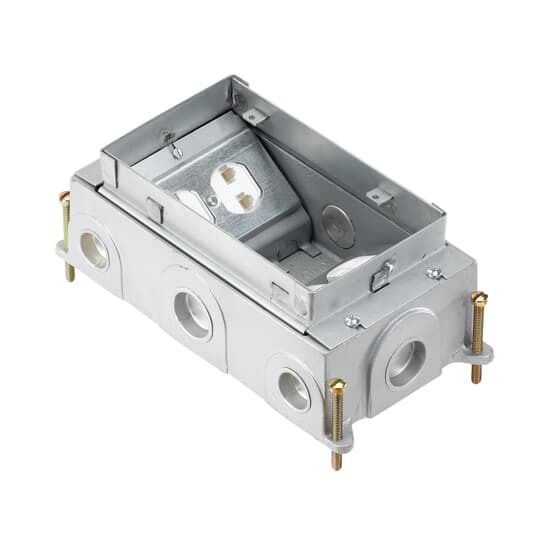 Two Gang Recessed Service Floor Box, 90 Cubic Inches, Length 9-15/16 Inches, Width 5-3/32 Inches, Depth 3-3/4 Inches, 3/4 Inch and 1 Inch Conduit Hubs, Cast Iron, Delivers Power, Communications and Data from Standard Conduit with No Exposed Service Fittings