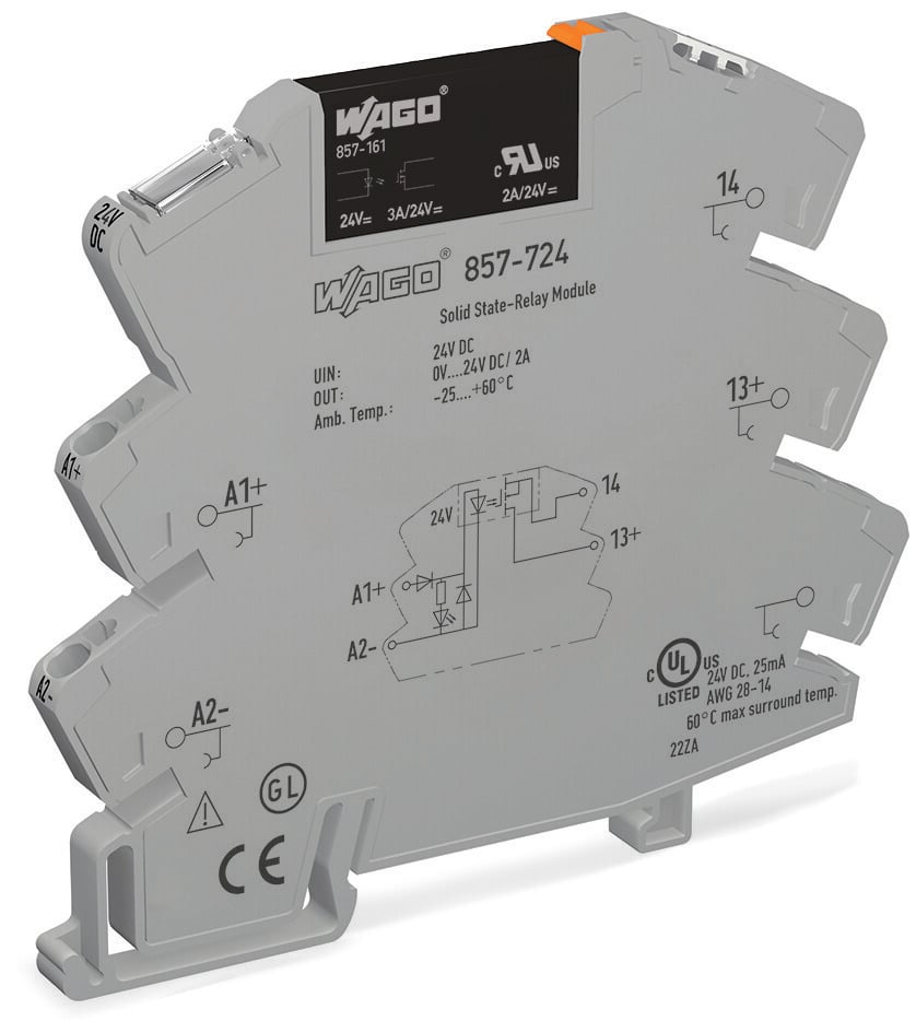 Solid-state relay module; Nominal input voltage: 24 VDC; Output voltage range: 0  24 VDC; Limiting continuous current: 3 A; 2-wire connection; Yellow status indicator; Module width: 6 mm; gray