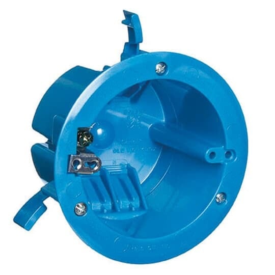 Round Old Work Box, Volume 18 Cubic Inches, Diameter 4-1/4 Inches, Color Blue, Material Polycarbonate, Mounting Means Swing Clamps, with Ground Lug