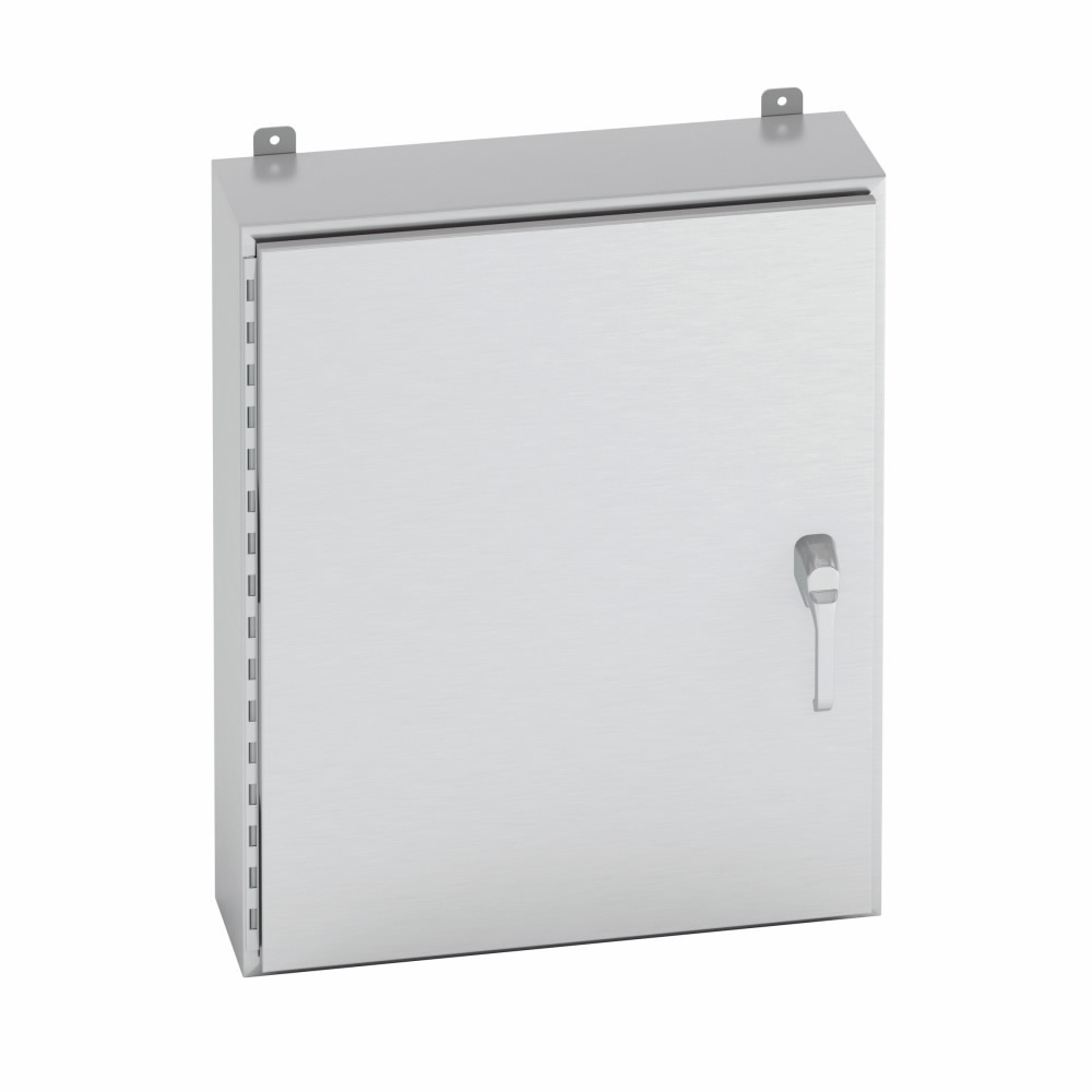 Eaton B-Line series wall mounted panel enclosure, 24" height, 12" length, 24" width, NEMA 4X, Hinged cover, 4XS3PT enclosure, Wall mount, Medium single door, External mounting feet, 304 stainless steel, Seamless poured in-place gasket