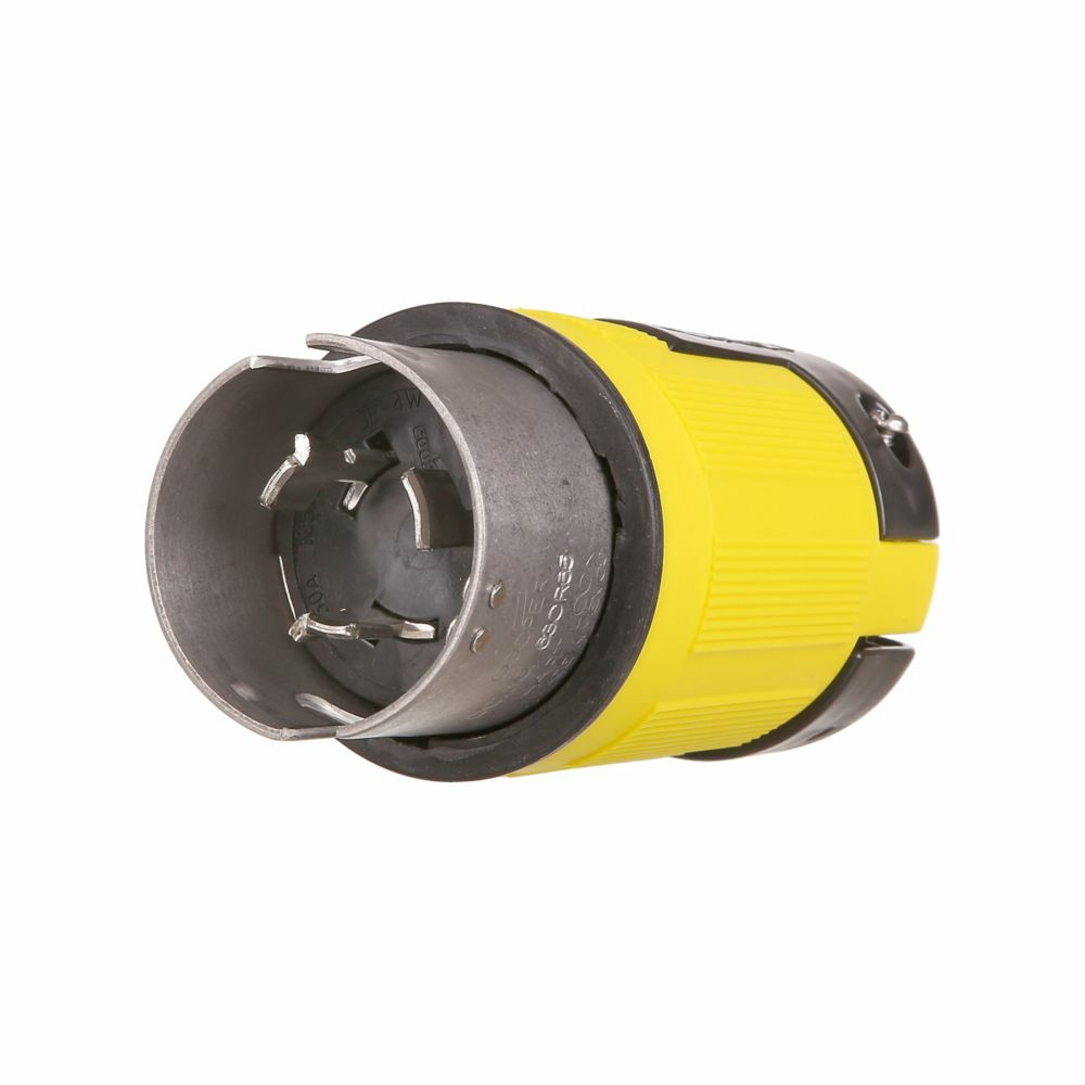 Eaton corrosion resistant locking plug, #12-6 AWG, 50A, Marine, 125/250V, Back wiring, Yellow, black, Non-NEMA, Three-pole, Four-wire, Steel, 0.44 to 1.06 in