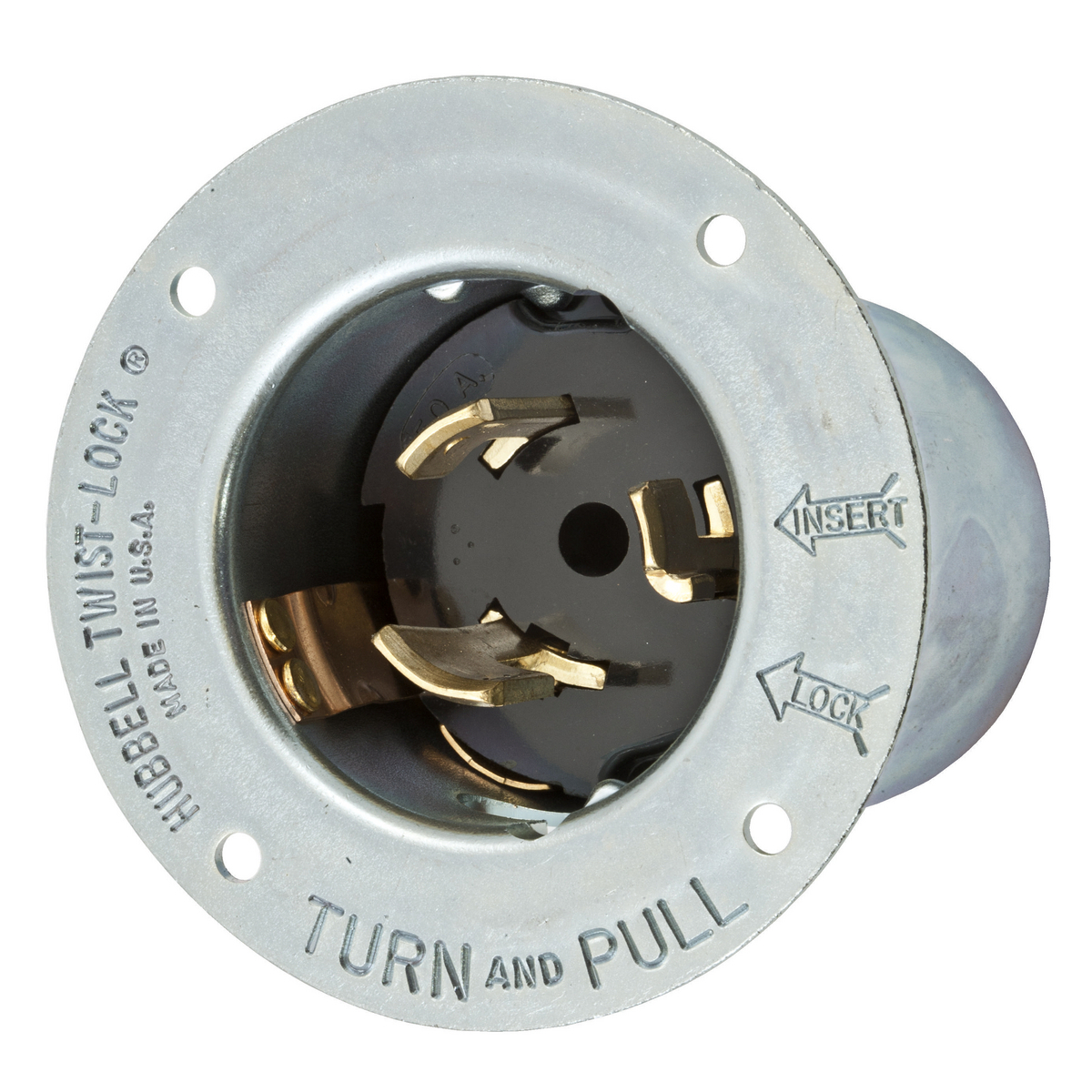 Locking Devices, Twist-Lock, Industrial, Flanged Inlet, 50A 250V, 2-Pole 3-Wire Grounding, Non-NEMA, Screw Terminal, Black