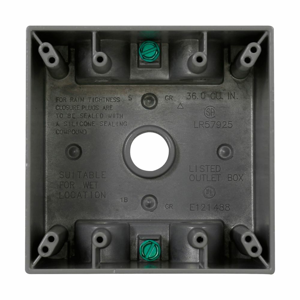 Eaton Crouse-Hinds series weatherproof outlet box, 37.0 cu in, Gray, 2-5/8" deep, Die cast aluminum, Two-gang, (5) 1/2" outlet holes