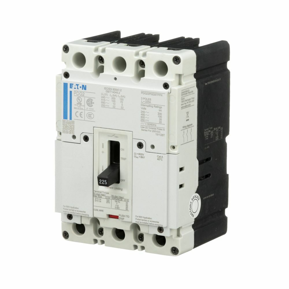 Eaton Power Defense molded case circuit breaker, Globally Rated, Frame 2, Three Pole, 175A, 65kA/480V, T-M (Fxd-Fxd) TU, Standard Terminals Load Only (PDG2X3TA225)