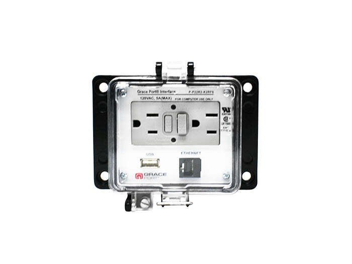 Panel Interface Connector with USB Type A/F to USB Type A/F, Category 5e Ethernet, Panel Mount Housing (5.08 in x 3.54 in), UL Type 4X, Domestic GFCI Inside-Outside Rear Duplex Outlet, No Circuit Breaker