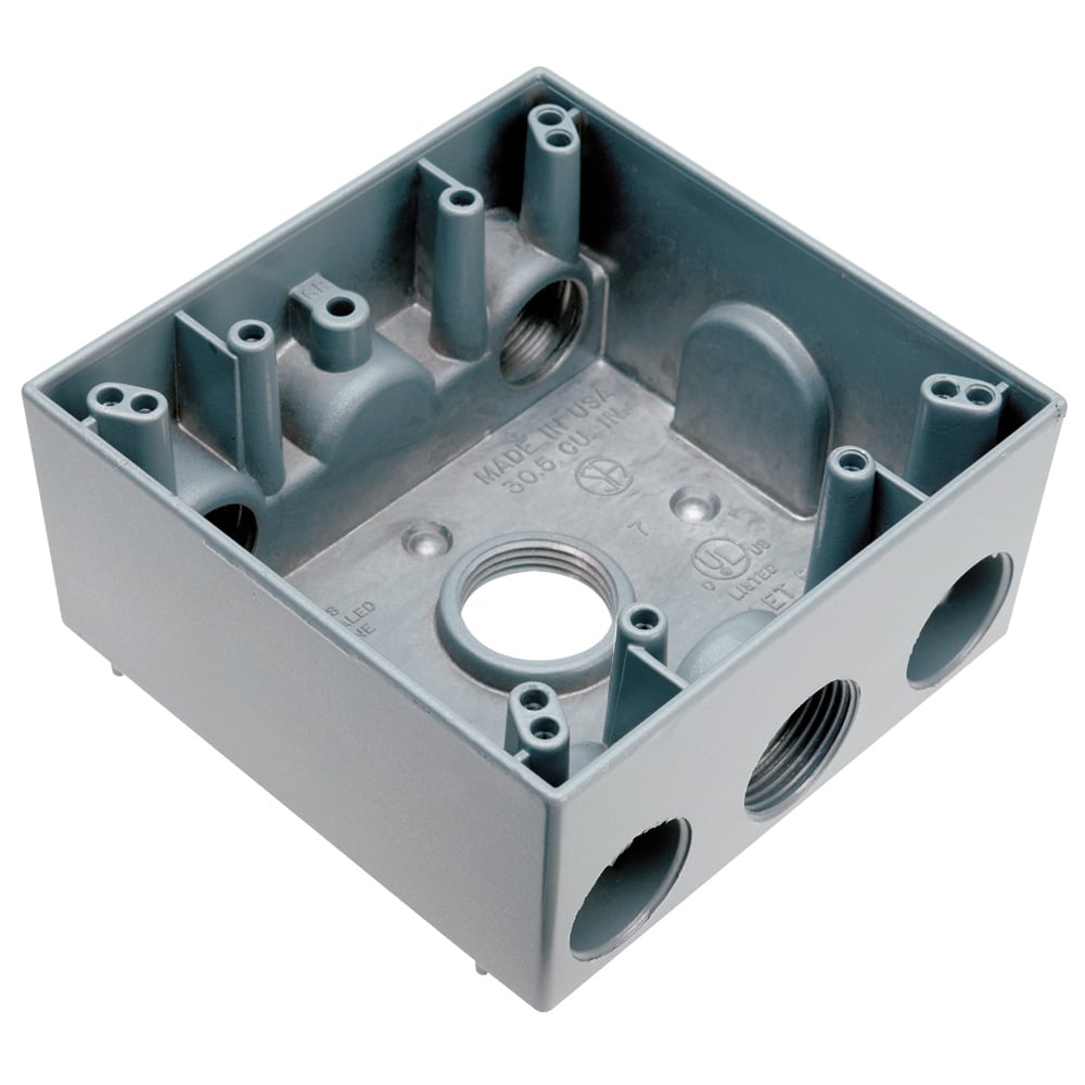 Weatherproof 2 Gang Box, 4 hole 3/4, 30.5 Cu.In.,Gray (2 Holes One End, 1 Hole Other End, 1 Hole in Back)