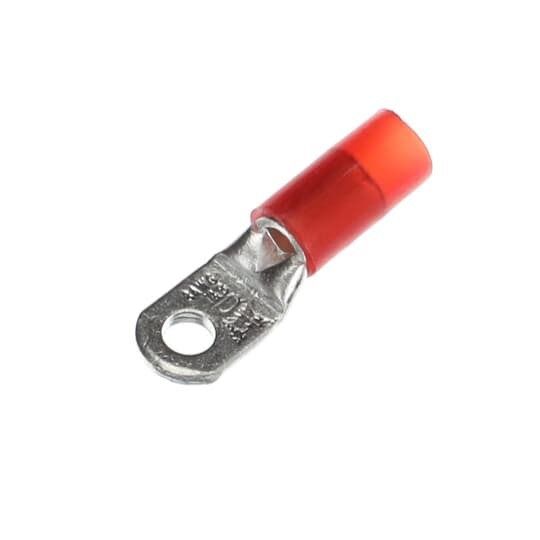 Nylon Insulated Large Ring Terminal, Length 1.40 Inches, Width .41 Inches, Maximum Insulation .270, Bolt Hole #10, Wire Range 8AN, Color Red, Copper, Tin Plated