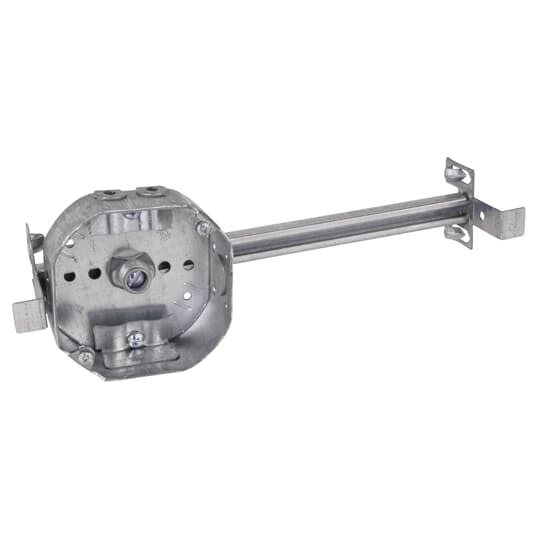 Octagon Box, 15.8 Cubic Inches, 4 Inch Diameter x 1-1/2 Inches Deep, 1/2 Inch Knockouts, Pre-Galvanized Steel, Drawn Construction, with Non-Metallic Cable Clamps (C-5) and Bar Adjustable Bar Hanger 10-1/2 Inch to 18-1/2 Inch with 3/8 Inch Stud, For use with Non-Metallic Sheathed Cable