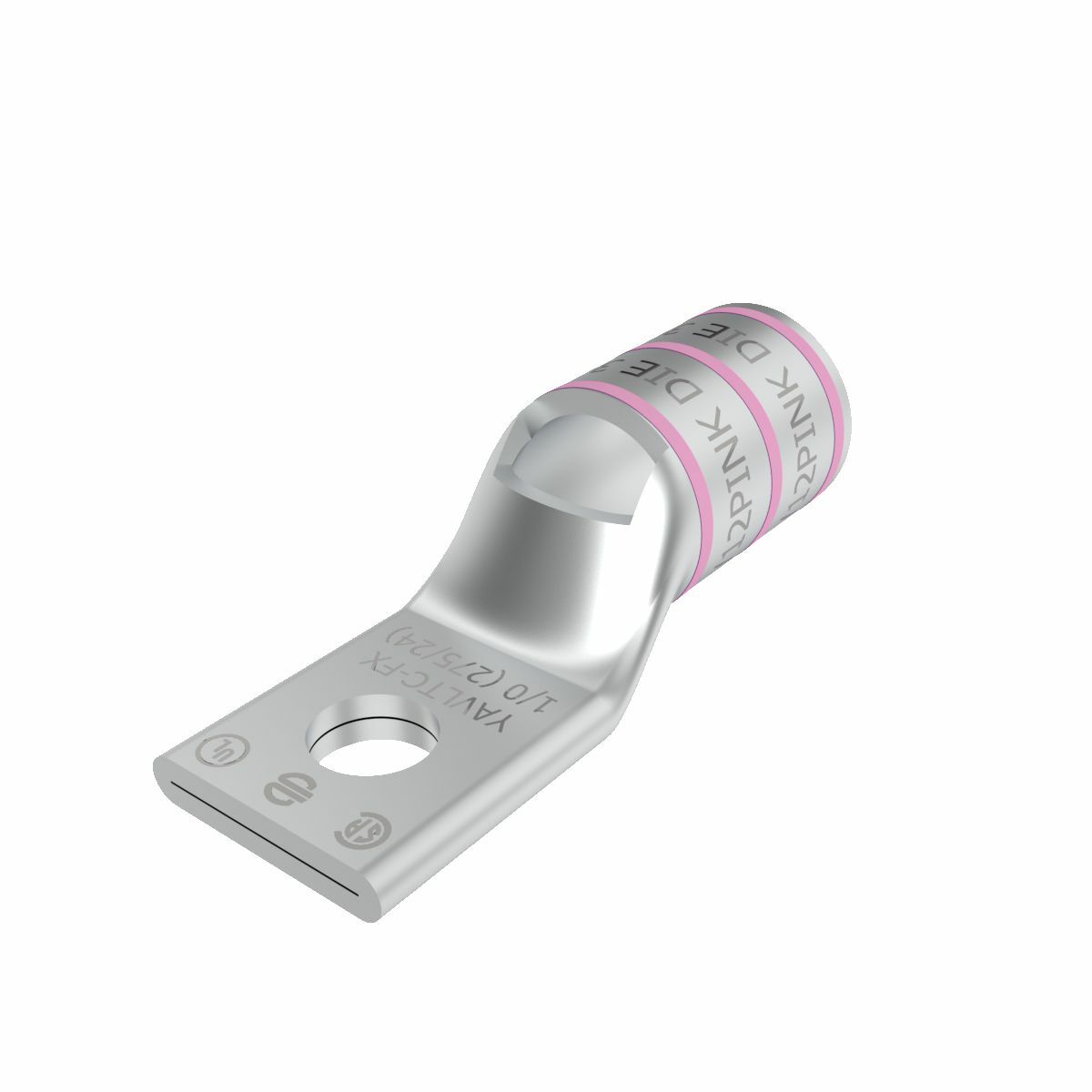 1/0 Flex G,H,I,K,M,DLO, 1/0 AWG (B/C) CU, One Hole, 1/4 Stud Size,  Standard Barrel, Inspection Window, Narrow Tongue Internal Chamfer, Tin Plated, UL/CSA, 90?C, Up to 35kV, Pink Color Code, 12 or 348 Die Index.