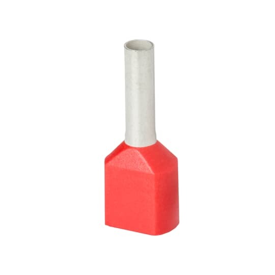 Polypropylene Insulated Twin Ferrule, Length .591 Inches/15mm, Pin Length .315 Inches/8mm, Pin Diameter .081 Inches/2.05mm, Base Diameter .201 Inches/5.1mm, Conductor Range 2x17 AWG/2x1.00mm2, Color Red, Copper, Tin Plated