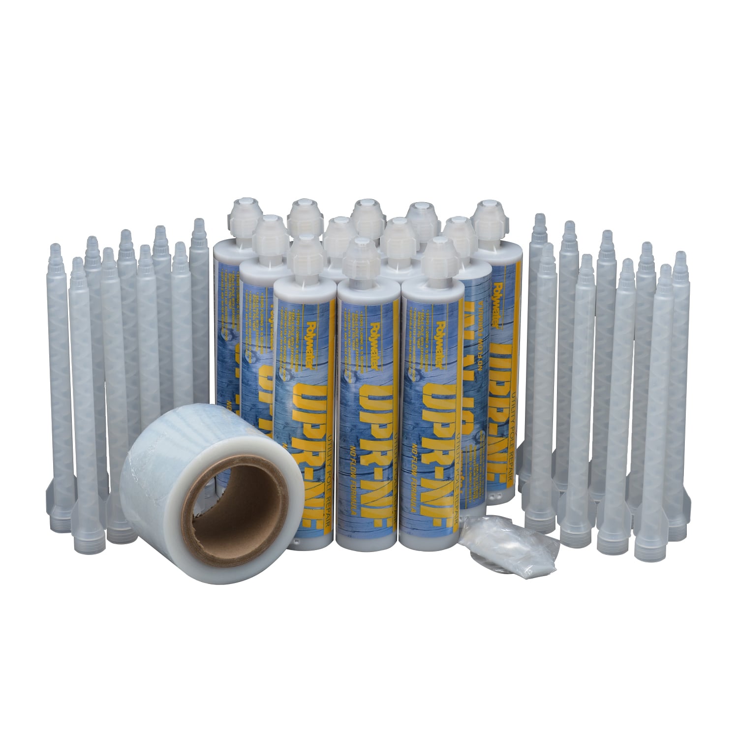 12 - 250-mL UPR cartridges; 16 - mixing nozzles;  18 - green-treated wood blocks; 1 - roll of stretch wrap; 4 - pairs of gloves; 1 - instruction sheet.  Extends Pole Life Polywater� UPR� Utility Pole Repair makes it easy to repair woodpecker damage and pole line hardware holes on utility poles. The UPR Utility Pole Repair resin and hardener are specially formulated to expand and fill irregular-shaped cavities to protect poles from rot.