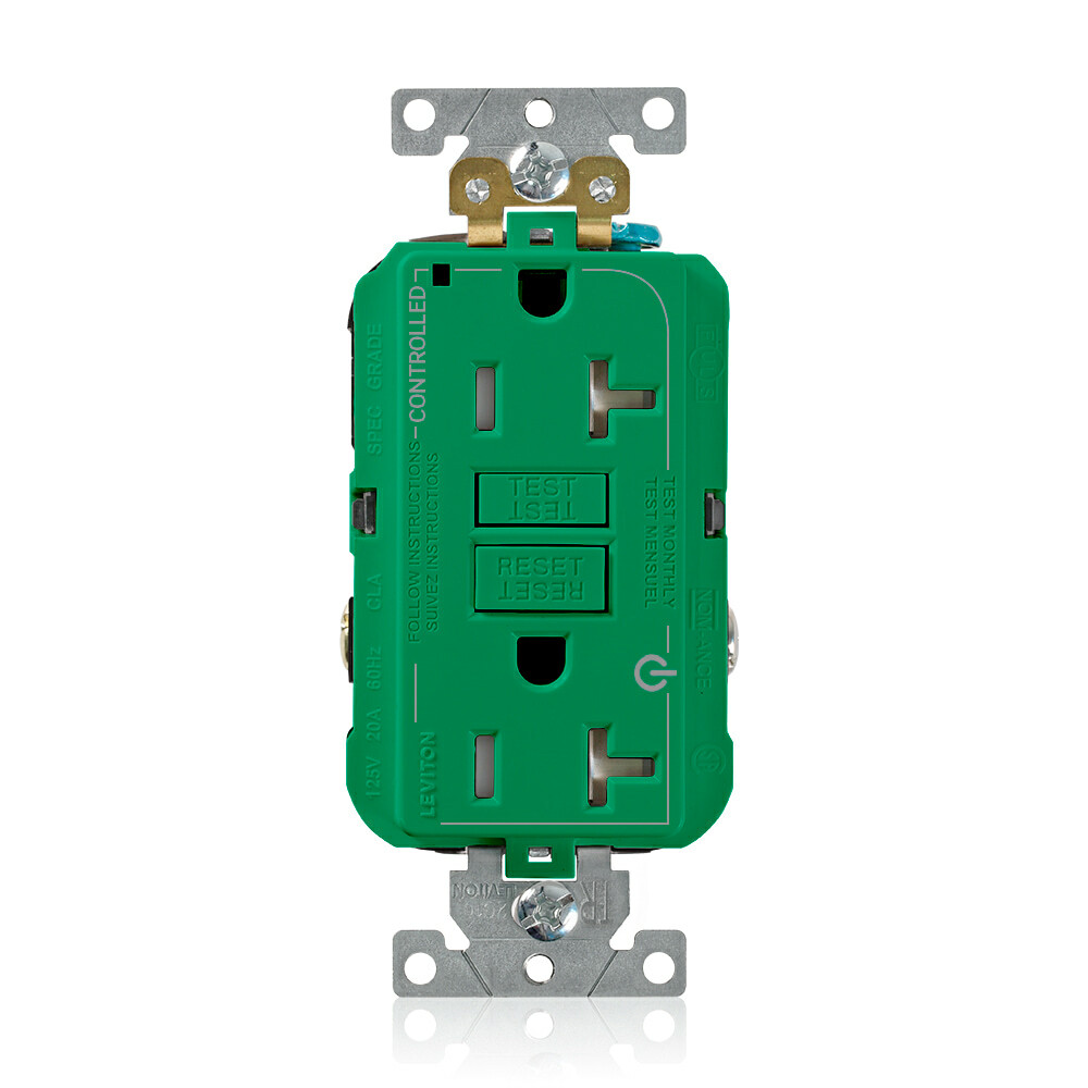 2 Plug Marked Controlled SmartlockPro GFCI Decora Duplex Receptacle Outlet, Extra Heavy-Duty Industrial Grade,Tamper-Resistant, Power Indication, 20 Amp, 125 Volt, Back or Side Wire, NEMA 5-20R, 2-Pole, 3-Wire, Self-Grounding -Green