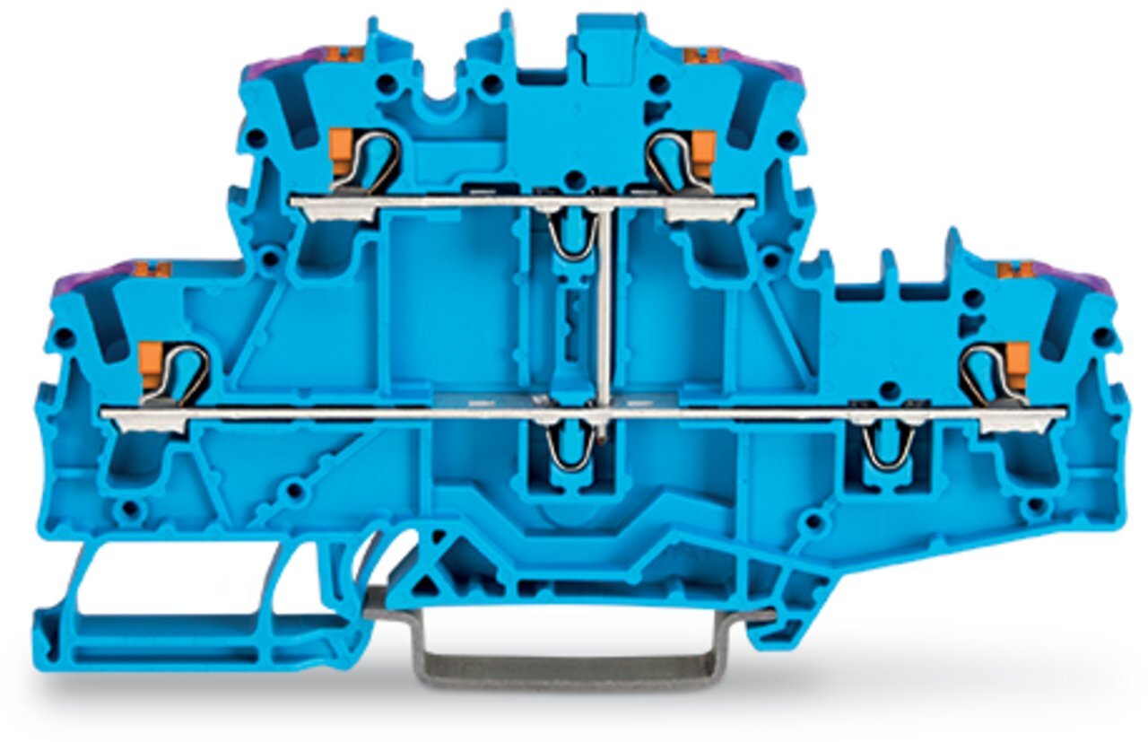 Double-deck terminal block; with push-button; 4-conductor through terminal block; N; without marker carrier; for Ex e II and Ex i applications; internal commoning; conductor entry with violet marking; for DIN-rail 35 x 15 and 35 x 7.5; 2.5 mm; Push-in CAGE CLAMP; 2,50 mm; blue