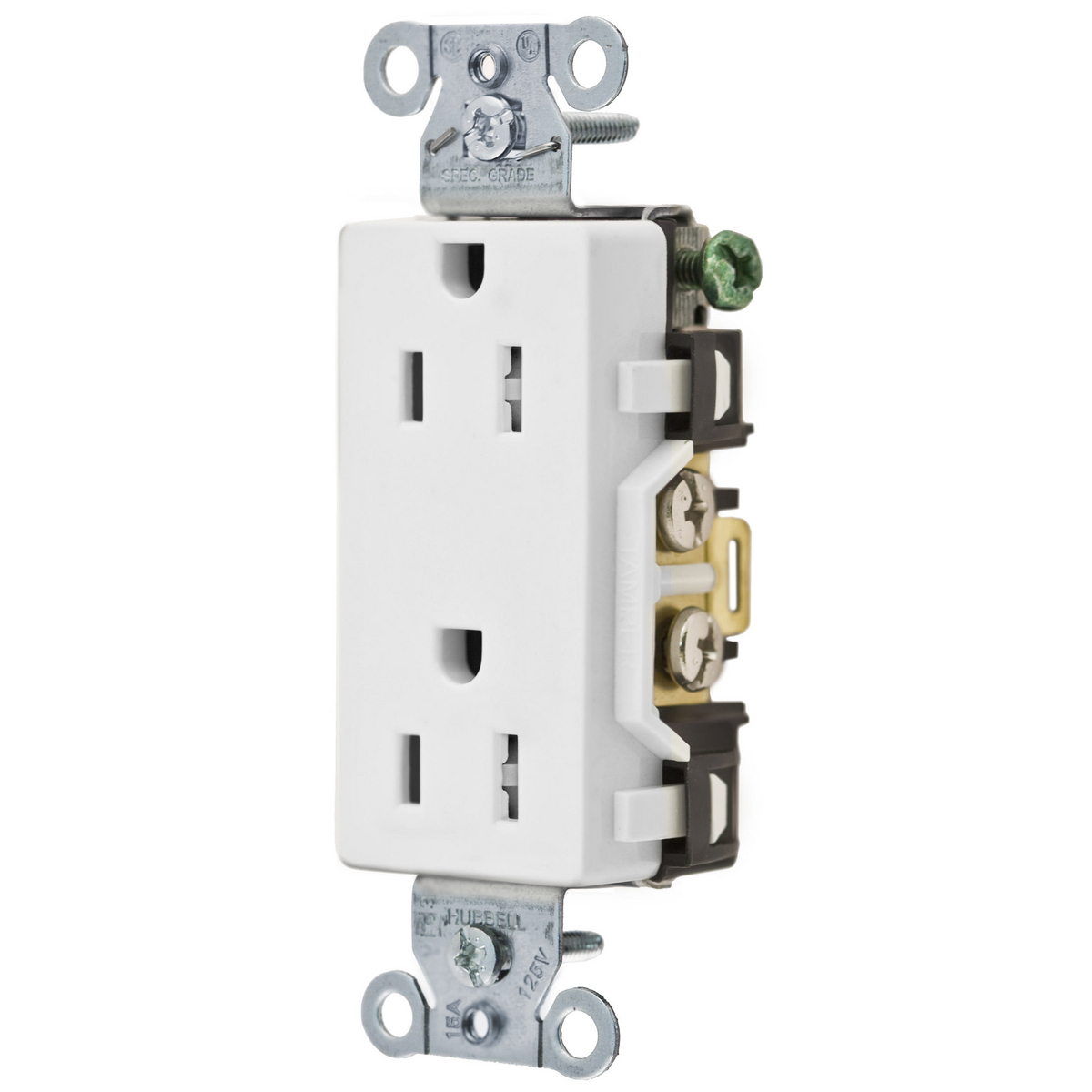 Straight Blade Devices, Receptacles, Tamper-Resistant Duplex, Decorator/Commercial/Industrial Grade, 2-Pole 3-Wire Grounding, 15A 125V, 5-15R, White, Single Pack.