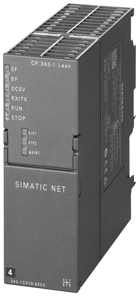 SIMATIC NET, CP 343-1 LEAN COMMUNICATION PROCESSOR FOR CONNECTING SIMATIC S7-300 TO IND. ETHERNET VIA TCP/IP AND UDP, MULTICAST, SEND/RECEIVE W. AND W/O RFC1006, FETCH/ WRITE, S7-COMMUNICATION(SERVER) PROFINET IO-DEVICE INTEGRATED 2-PORT SWITCH ERTEC 200, BG EXCHANGE W/O PG, SNMP DIAGNOSTICS, INITIALIZ. VIA LAN, 2 X RJ45 CONNECT. FOR LAN WITH 10/100 MBIT/S