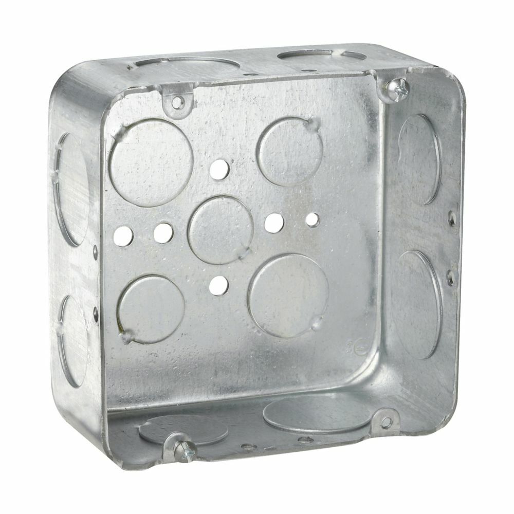 Eaton Crouse-Hinds series Square Outlet Box, (3) 1/2", (2) 3/4", 4-11/16", Conduit (no clamps), Drawn, 2-1/8", Steel, (4) 3/4", (4) 1", Includes ground screw with pigtail lead, 42.0  cubic inch capacity