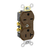 20 Amp, 125/250 Volt, NEMA 5-20R_6-20R, 2P, 3W, Narrow Body Duplex Receptacle, Straight Blade, Commercial Grade, Self Grounding, Dual Voltage, Side Wired, Steel Strap, - Brown