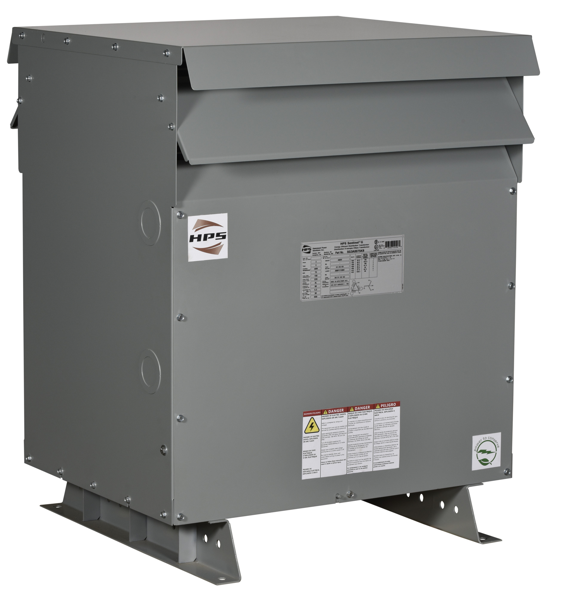 600V Class Three Phase DOE2016 and NRCan 2019 Compliant Energy Efficient Distribution Transformer, 480D PV, 208Y/120 SV, 150 kVA, 3PH, Aluminum Wound
