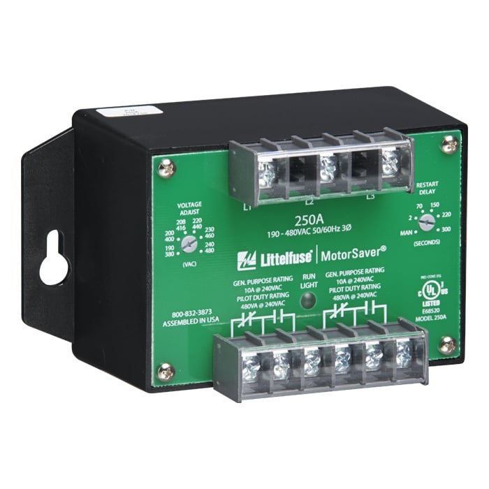 The 250A is a 3-phase, auto-ranging, dual-range voltage monitor that protects 190-480VAC, 50*/60Hz motors regardless of size from low and high voltage, unbalance/single-phase, and reverse-phase. The product provides a user selectable nominal voltage setpoint and the voltage monitor automatically selects between the 200V and 400V range. The 250A also features adjustable or manual restart delay. This unique microcontroller-based voltage and phase-sensing device constantly monitors the 3-phase voltages to detect harmful power line conditions. When a harmful condition is detected, the Littelfuses output relay is deactivated after a specified trip delay. The output relay reactivates after power line conditions return to acceptable levels. The Model 250A includes advanced single LED diagnostics. Five different light patterns distinguish between faults and normal conditions.