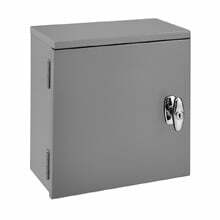 Eaton B-Line series utility enclosures, 8" height, 4" length, 8" width, NEMA 3R, Hinged cover, RTC cabinet, Surface mounted, Small single door, 4 bottom knockouts, Embossed thru holes, Carbon steel