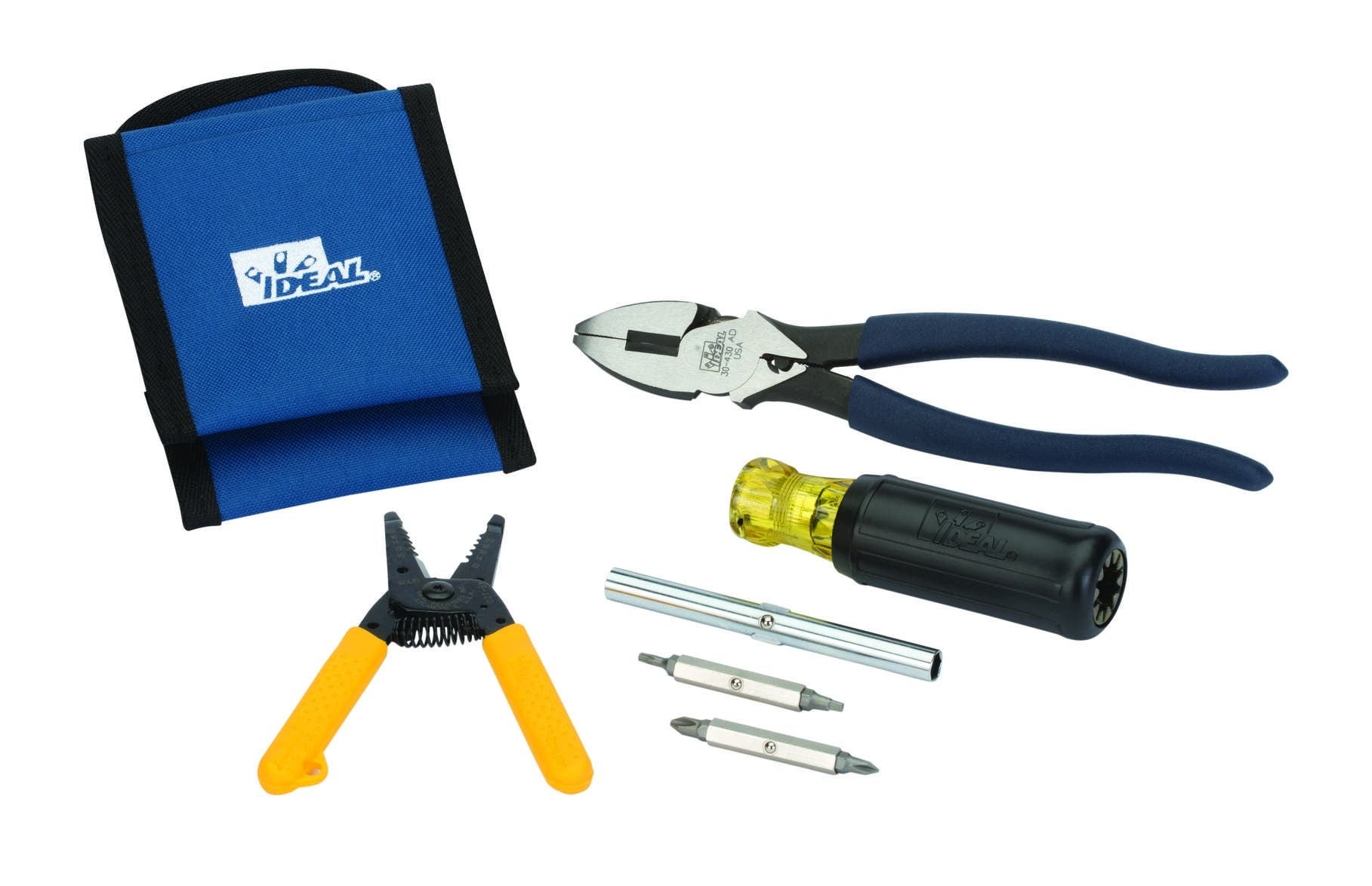 IDEAL, Tool Kit, WireMan, Electrician's, Consist Of 1: 45-120 T-5 T-Stripper Wire Stripper, Consist Of 2: 35-5012 WireMan 9-1/4 IN Side-Cutting Pliers, Consist Of 3: 35-505 Pocket Pal Tool Holster, Consist Of 4: 35-905 5-In-1 Screwdriver/Nutdriver, Includes: #45-120 - T-5 T-Stripper Wire Stripper, #35-5012 - WireMan 9-1/4 IN Side-Cutting Pliers, #35-505 - Pocket Pal Tool Holster, #35-905 - 5-In-1 Screwdriver/Nutdriver, Number Of Pieces: 3