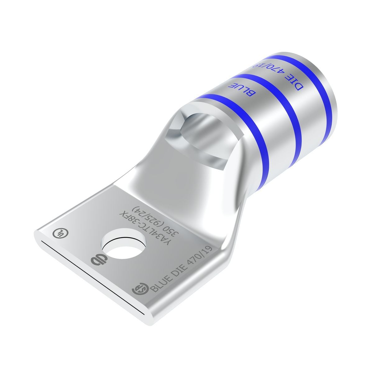 350 kcmil G,H,I,K,M,373 DLO CU, One Hole, 3/8 Stud Size,  Standard Barrel, Inspection Window Internal Chamfer, Tin Plated, UL/CSA, 90?C, Up to 35kV, Blue Color Code, 19 Die Index.