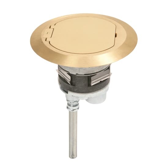 Poke-Through Base Unit, 4 Inch Drill Size, 19 Inch Length, Hub Size 1/2 Inch and 1 Inch, Galvanized Steel, with 4 20A Power Receptacles and 4 Cat-5e Data Jacks with Device Plates, City of Chicago Approved